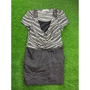 OSE Zebra Stripe Cowl Neck Dress Sz S Beaded Shoulders Chain Denim Skirt Pockets